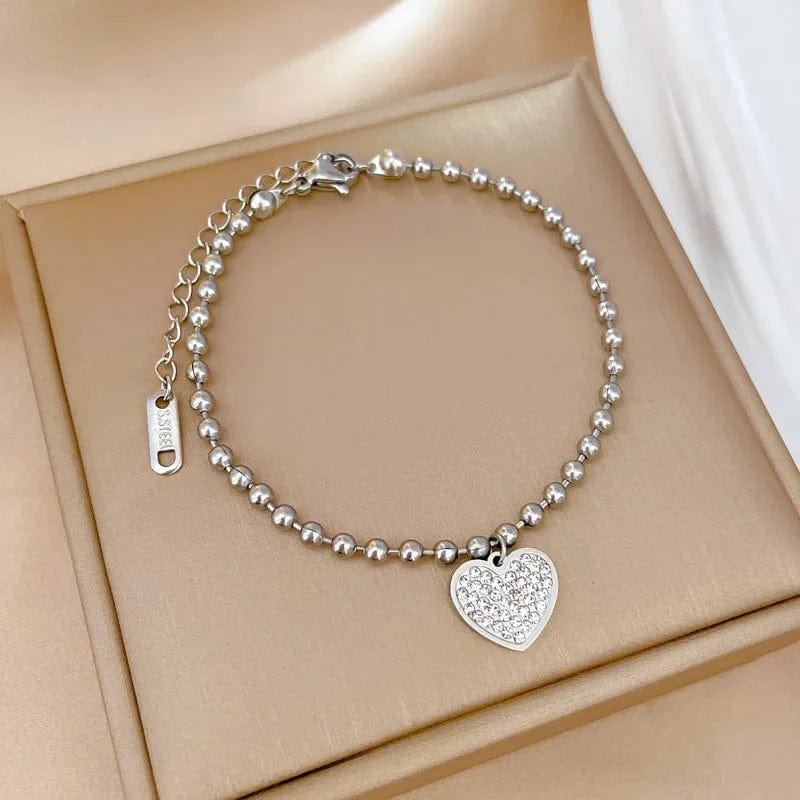  Showlu Fashion Store 746 Fashion Stainless Steel Heart Pendant Bracelet Charming Beads Chain with Heart Pendant Bracelets for Women Jewelry