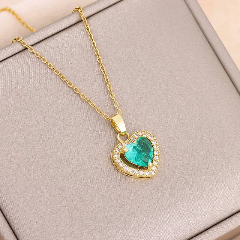  Showlu Fashion Store 8038 blue Temperament Sweet Ice Flower Crystal Heart Pendant Necklaces For Women Trendy Stainless Steel Neck Chain Female Wedding Jewelry