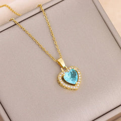  Showlu Fashion Store 8038 blue Temperament Sweet Ice Flower Crystal Heart Pendant Necklaces For Women Trendy Stainless Steel Neck Chain Female Wedding Jewelry