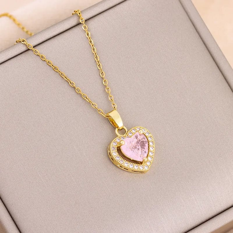  Showlu Fashion Store 8038 blue Temperament Sweet Ice Flower Crystal Heart Pendant Necklaces For Women Trendy Stainless Steel Neck Chain Female Wedding Jewelry