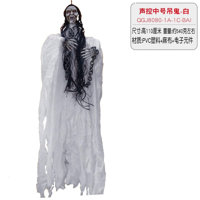  Showlu Fashion Store 8080 hanging ghost-white / Large Halloween Props KTV Haunted House Bar Night Show Decoration Supplies Horror Ghost Toy Voice Control Witch Small Hanging Ghost