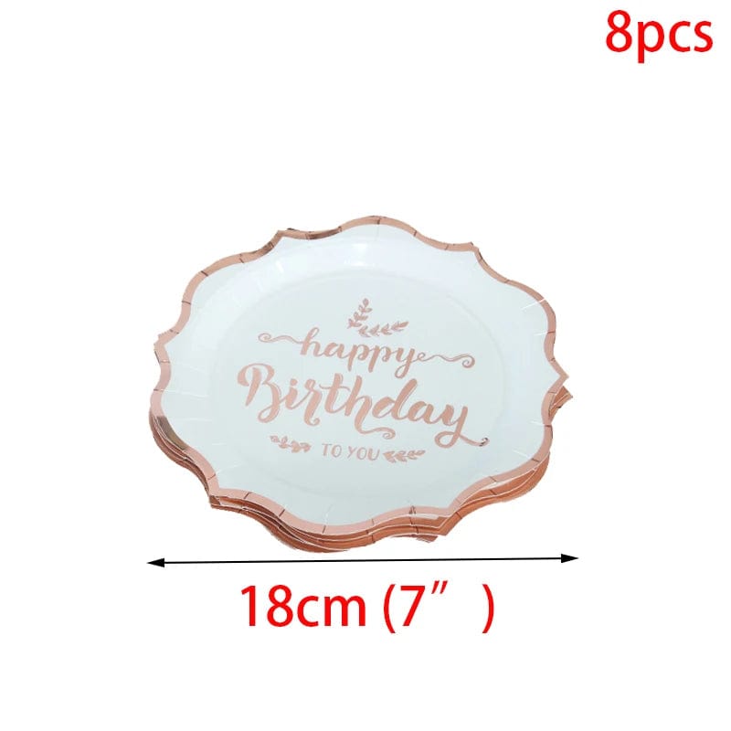  Showlu Fashion Store 8pcs 7inch plate 4 Rose Gold birthday Tableware Paper Towel Cup Plate tablecloth Disposable set Adult Birthday Party Decorations Wedding Tableware