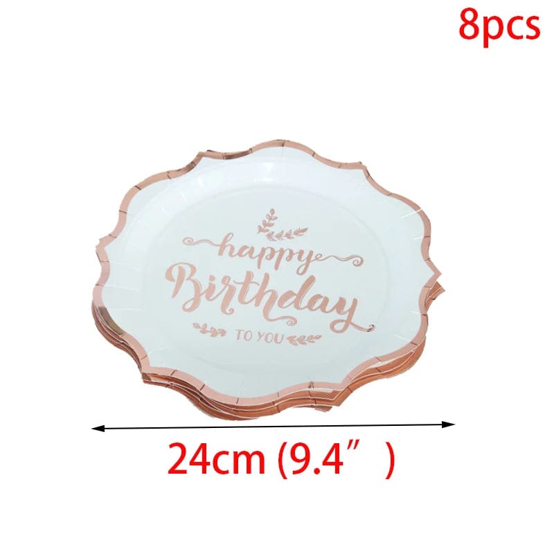  Showlu Fashion Store 8pcs 9inch plate 3 Rose Gold birthday Tableware Paper Towel Cup Plate tablecloth Disposable set Adult Birthday Party Decorations Wedding Tableware