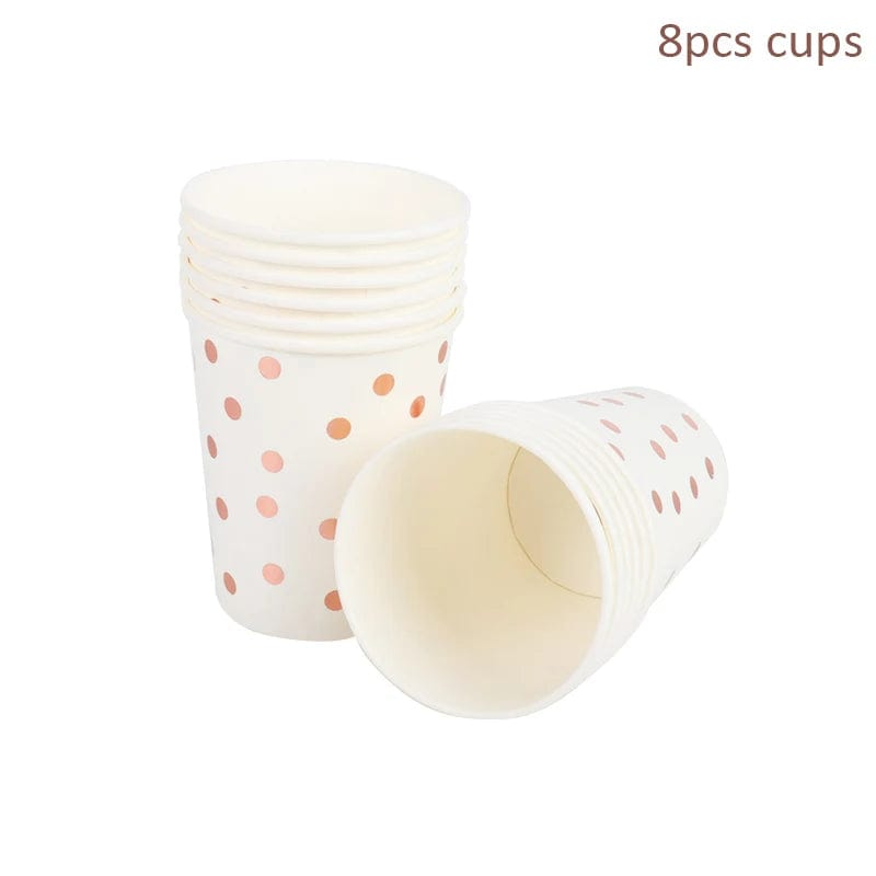  Showlu Fashion Store 8pcs cups 3 Rose Gold birthday Tableware Paper Towel Cup Plate tablecloth Disposable set Adult Birthday Party Decorations Wedding Tableware