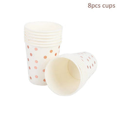  Showlu Fashion Store 8pcs cups 3 Rose Gold birthday Tableware Paper Towel Cup Plate tablecloth Disposable set Adult Birthday Party Decorations Wedding Tableware