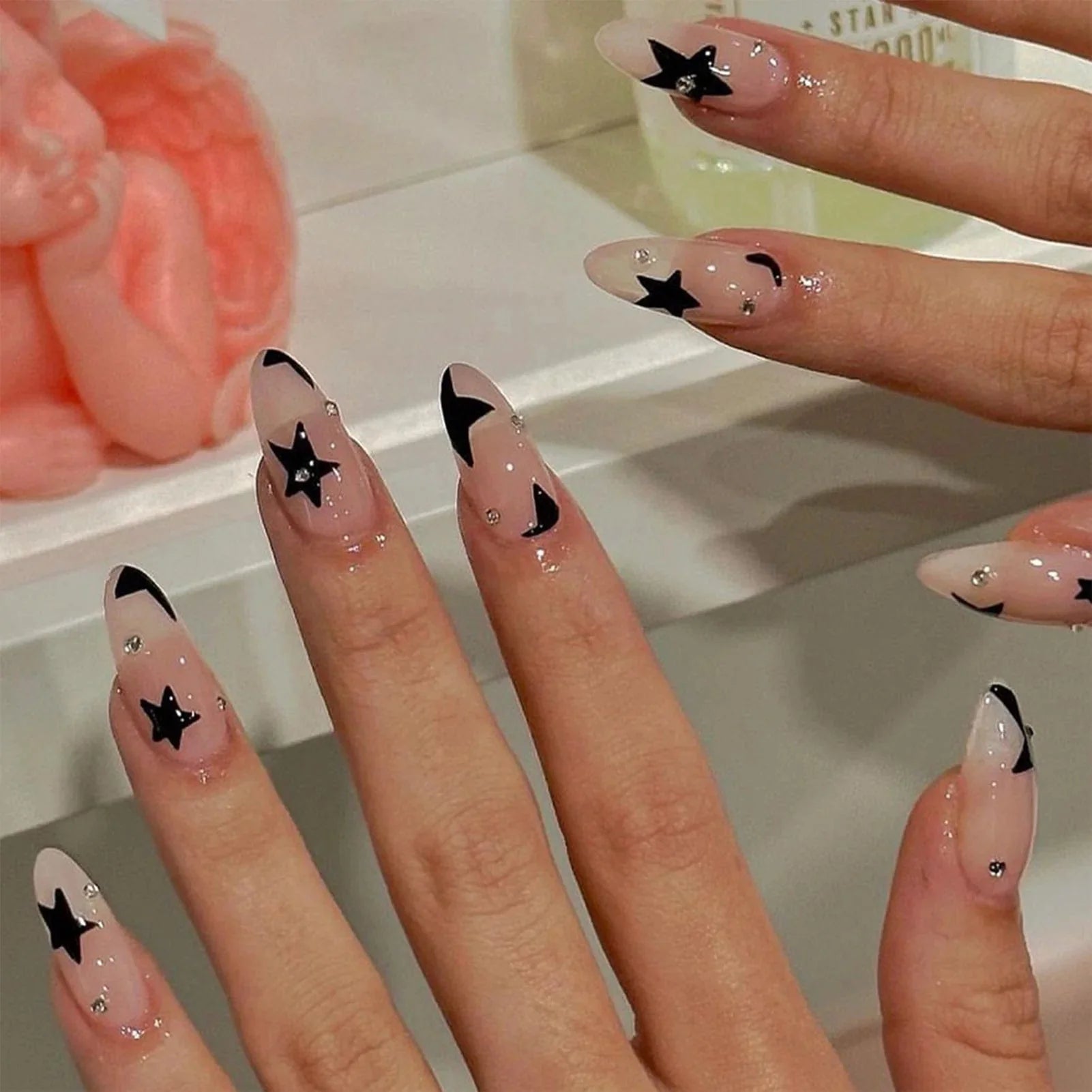 Set of 24 Showlu Fashion Store mid-length coffin press-on acrylic nail tips with full cover, ballet style, for easy artificial manicure.