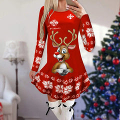  Showlu Fashion Store 9 / M Christmas Dresses for Women Elk Print Long Sleeve Mini Dress Autumn Winter Fashion Ladies Holiday Mini Dresses New Year 2024