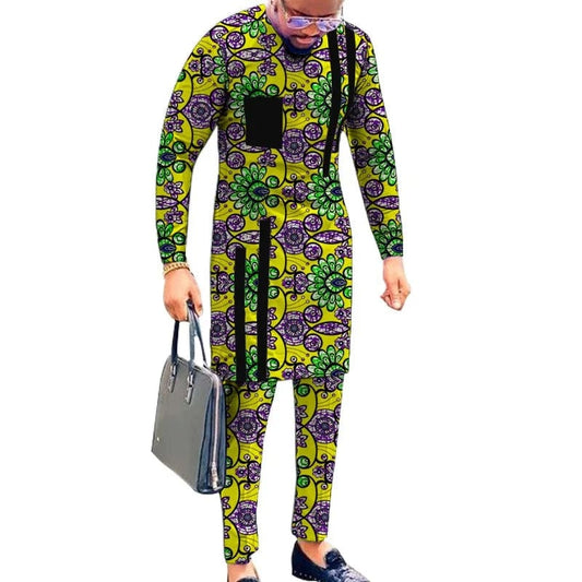  Showlu Fashion Store 9 / M Striped Design Nigerian Style Men's Shirts+Trousers Wax Colorful Print Garment Male Pant Sets African Wedding Party Wear