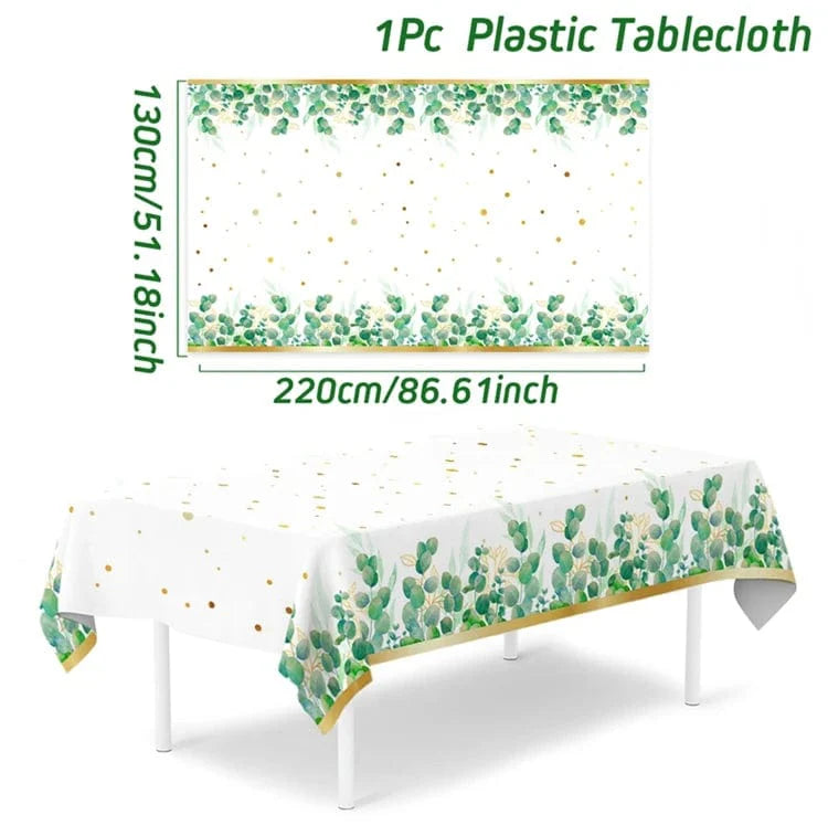 Sage green and gold disposable tableware set with leaves design including plates, cups, and napkins for wedding or party decor