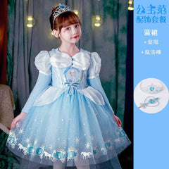 Showlu Fashion Store 9010 Blue Dress(Complimentary Crown Magic Wand) / 130cm Princess Dress Summer Pure Cotton Vest Children Sleeveless Elsa