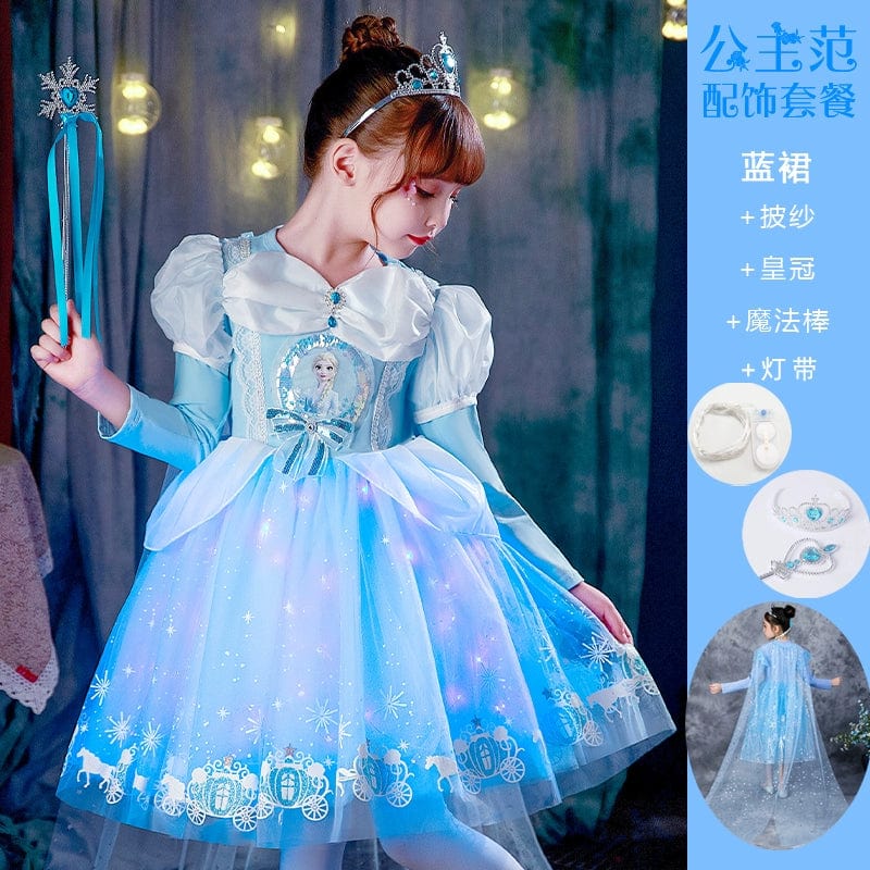  Showlu Fashion Store 9010 blue skirt + light band + Cape(Complimentary Crown Magic Wand) / 130cm Princess Dress Summer Pure Cotton Vest Children Sleeveless Elsa