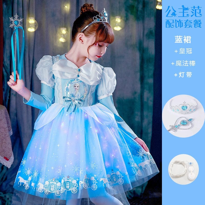  Showlu Fashion Store 9010 blue skirt + light band(Complimentary Crown Magic Wand) / 150cm Princess Dress Summer Pure Cotton Vest Children Sleeveless Elsa