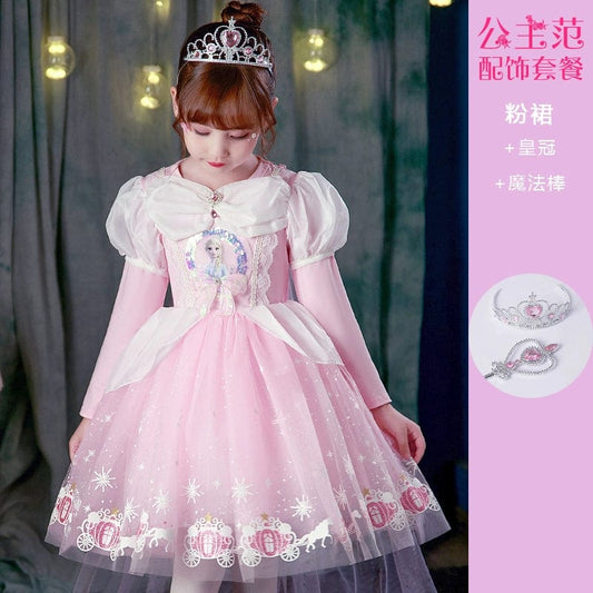  Showlu Fashion Store 9010 Pink Dress(Complimentary Crown Magic Wand) / 120cm Princess Dress Summer Pure Cotton Vest Children Sleeveless Elsa