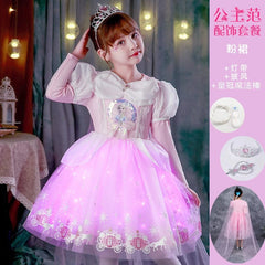  Showlu Fashion Store 9010 pink skirt + light band + Cape(Complimentary Crown Magic Wand) / 100cm Princess Dress Summer Pure Cotton Vest Children Sleeveless Elsa