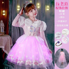  Showlu Fashion Store 9010 pink skirt + light band + Cape + gloves braid(Complimentary Crown Magic Wand) / 100cm Princess Dress Summer Pure Cotton Vest Children Sleeveless Elsa