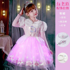 Showlu Fashion Store 9010 pink skirt + light band(Complimentary Crown Magic Wand) / 100cm Princess Dress Summer Pure Cotton Vest Children Sleeveless Elsa