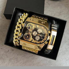  Showlu Fashion Store 9315-Black Gift Box New Sport Gold Steel Watches Men Super Big Large Dial Male Quartz Clock Decorative Compass Luxury Men's Wrist Watch