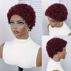 SHOWLU FASHION STORE #99J / 4inches Pixie Cut Wigs Brazilian Virgin Remy Human Hair Wig For Black Women Short Afro Kinky Curly Machine Made Wigs