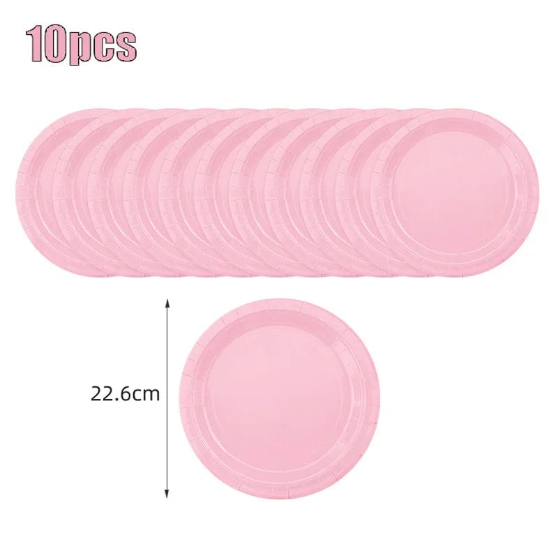  Showlu Fashion Store 9inch plate 10pcs New Solid Color Party Set Light Pink Disposable Tableware Paper Cup Paper Plate Tablecloth For Kids Baby Shower Party Supplies