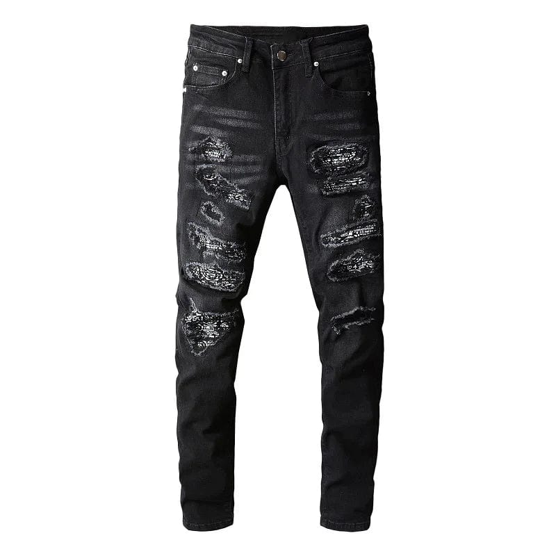  Showlu Fashion Store A 8669 / 40 / CHINA Streetwear Patch Stretch Ripped Fashionable Printed Jeans Men Black Slim Fit Printing Patchwork Denim Washed Casual Pants A8666