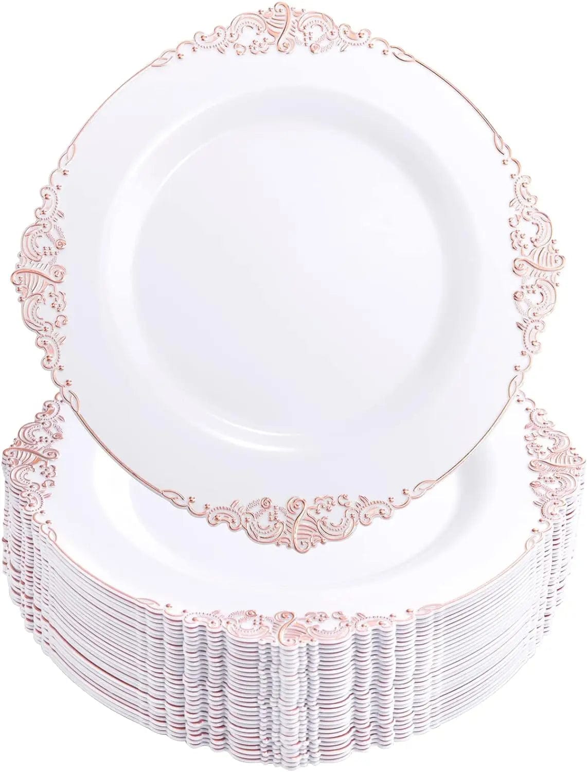 Showlu Fashion Store A- Rose Gold / United States 100 Pieces Rose Gold Plastic Plates - Rose Gold Disposable Plates - 10.25inch White Plastic Dinner Plates With Rose Gold Rim