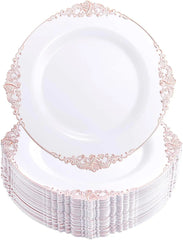 Showlu Fashion Store A- Rose Gold / United States 100 Pieces Rose Gold Plastic Plates - Rose Gold Disposable Plates - 10.25inch White Plastic Dinner Plates With Rose Gold Rim