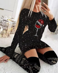 Showlu Fashion Store A / S Christmas Wine Glass Print Womens Dresses  Spring Fashion Glitter Casual O-Neck Long Sleeve Bodycon Mini Christmas Dress