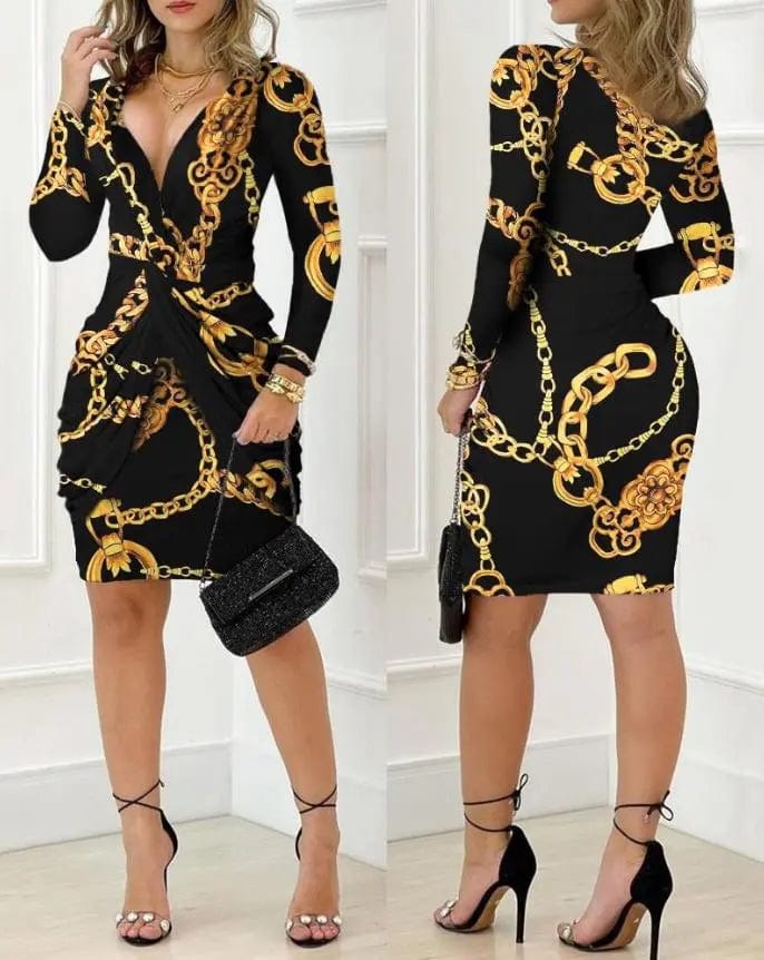  Showlu Fashion Store A / S Dresses for Women 2023 Vintage Plunge Long Sleeve Wedding Guest Baroque Chain Print Twist Detail Skinny Sexy Party Mini Dress