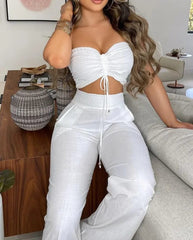 SHOWLU FASHION STORE A / S Two Piece Set Women Outfit 2024 Summer Fashion Drawstring Bandeau Sleeveless Crop Top & Casual Shirred High Waist Pants Sets