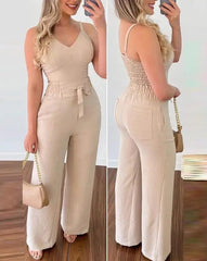 Showlu Fashion Store A / XL 2023 Summer Woman Long Jumpsuits Elegant Sexy V-Neck Shirred Cami Top & High Waist Pants Set New Fashion Casual One Pieces