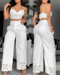 SHOWLU FASHION STORE A / XXL 2 Piece Sets Womens Outifits 2024 Casual V-Neck Cami Crop Tops & White Fashion Hollow Out Wide Leg High Waist Pants Suits Female