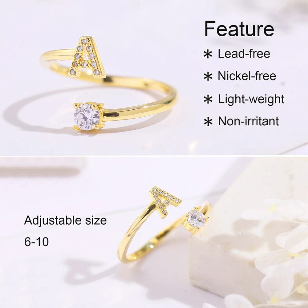 Showlu Fashion Store A-Z Letter Initial Name Open Rings for Women Men  gold plated Zircon Stone Alphabet Rings Couple Friendship Jewelry Gift