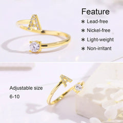 Showlu Fashion Store A-Z Letter Initial Name Open Rings for Women Men  gold plated Zircon Stone Alphabet Rings Couple Friendship Jewelry Gift