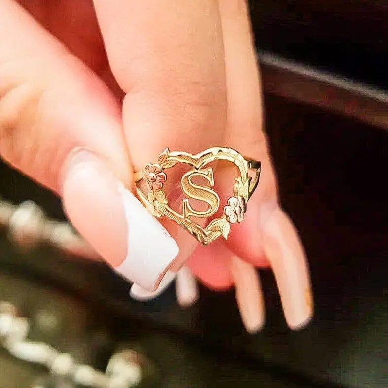 Showlu Fashion Store A-Z Letter Rings 18K GOLD PLATED CUSTOMIZED YELLOW & ROSE GOLD HEART INITIAL LETTER RING ANILLO ADJUSTABLE SIZES 6-12 Mom Gift