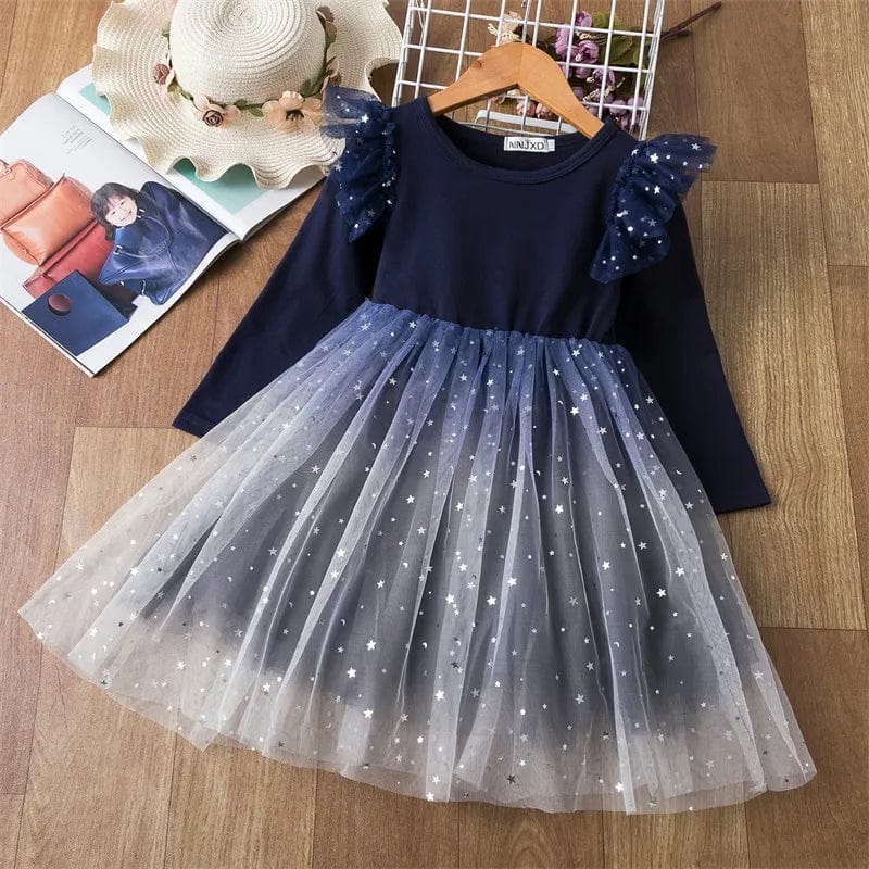 Showlu Fashion Store A01220-L / 7T 2023 New Christmas Costumes for Baby Winter Girl Mesh Dresses for Long Sleeve 3-8Y Kid Star Sequin Birthday Party Princess Dress