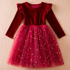 Showlu Fashion Store A01962-H / 7T 2023 New Christmas Costumes for Baby Winter Girl Mesh Dresses for Long Sleeve 3-8Y Kid Star Sequin Birthday Party Princess Dress