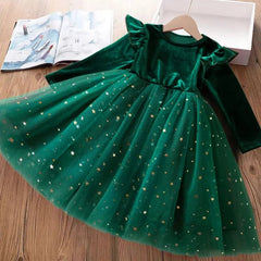  Showlu Fashion Store A01962-LV / 3T Green Christmas Dress for Girls 3-8 Y Child Birthday Party Princess Clothes 2023 New Autumn Long Sleeves Sequined Tulle Tutu Kid