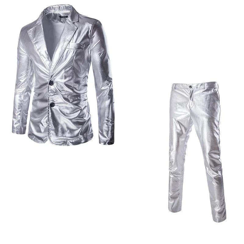  Showlu Fashion Store A11 Silver Suits / M Men's Suit Slim Fit 2 Button 2 Piece Set Solid Shiny Party Gold Silver Black Suit For Men Wedding Prom Blazer Jacket & Pants