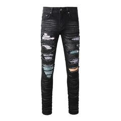  Showlu Fashion Store A1334 / 35 / CHINA Streetwear Patch Stretch Ripped Fashionable Printed Jeans Men Black Slim Fit Printing Patchwork Denim Washed Casual Pants A8666