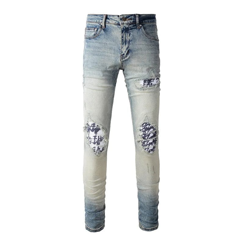  Showlu Fashion Store A1336 / 32 / CHINA Streetwear Patch Stretch Ripped Fashionable Printed Jeans Men Black Slim Fit Printing Patchwork Denim Washed Casual Pants A8666