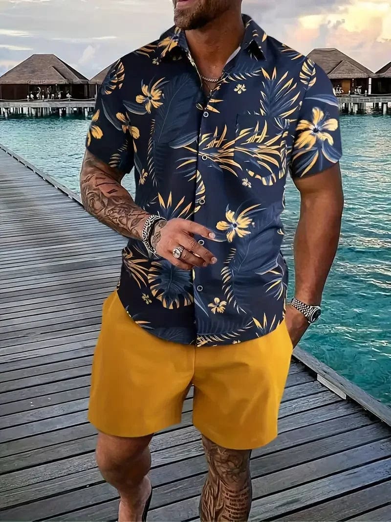  Showlu Fashion Store A19TZF13A2427115 / M Men Shirt Sets 3d Printed Retro Floral Short Sleeve Casual Oversized Beach Shorts Summer Streetwear Hawaiian Suits Clothing