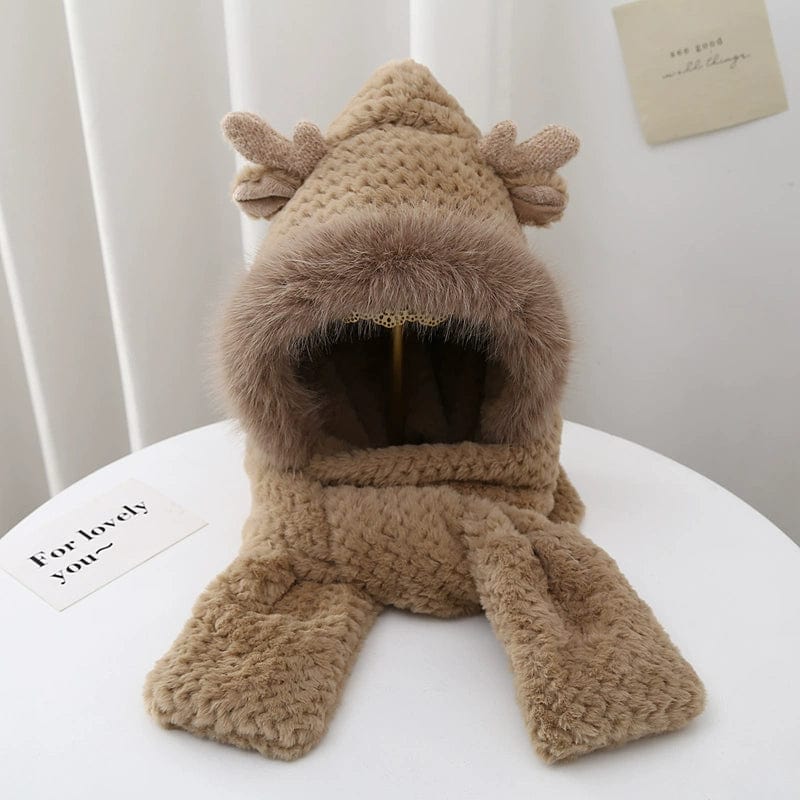  Showlu Fashion Store Adult Average Size / Antlers three-piece set Coffee Cute Autumn and Winter Antlers Women's Scarf Earmuffs Hat Christmas