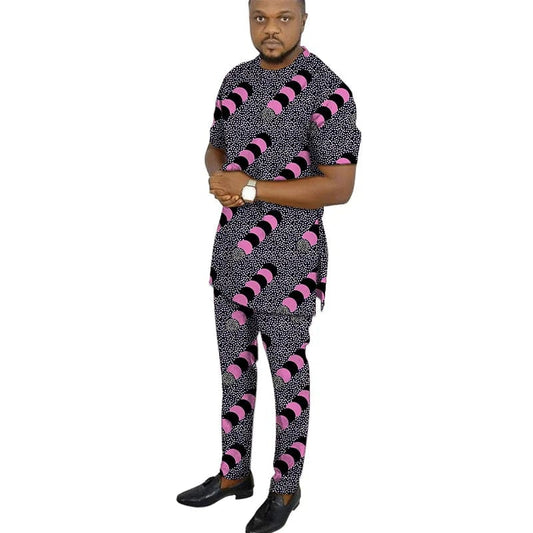 Showlu Fashion Store African clothing men's print short sleeve shirt with trouser Ankara fashion pant sets customize wedding male formal outfits