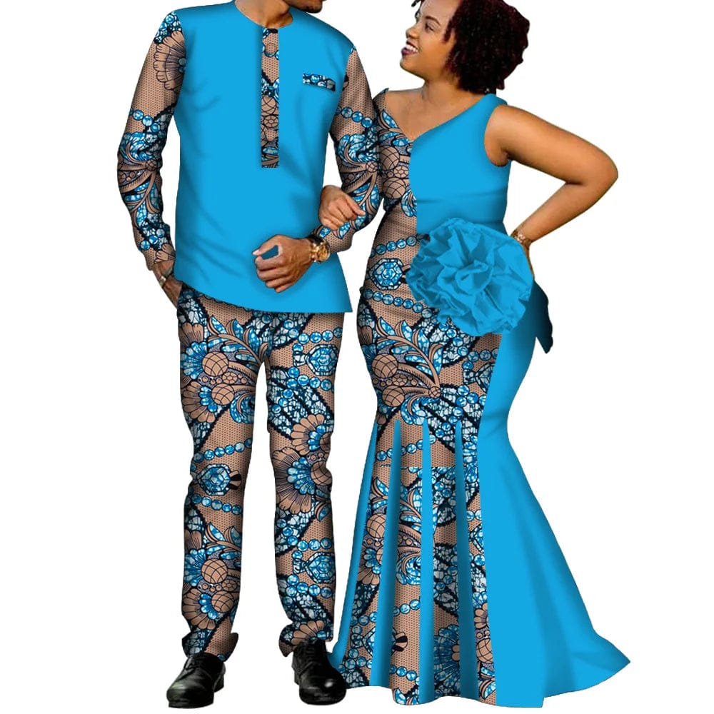 SHOWLU FASHION STORE African Couple Clothes Women`s Long Maxi Dress And Men`s Tracksuit Dashiki Outfits Shirts And Pants Set Evening Wedding Party