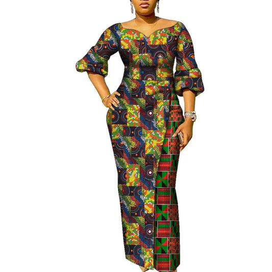 SHOWLU FASHION STORE African Dresses for Women Patchwork Ankara Dress Lantern Sleeves Maxi Dress Women Party Dress Lady African Clothes WY9937