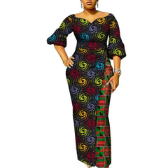 SHOWLU FASHION STORE African Dresses for Women Patchwork Ankara Dress Lantern Sleeves Maxi Dress Women Party Dress Lady African Clothes WY9937