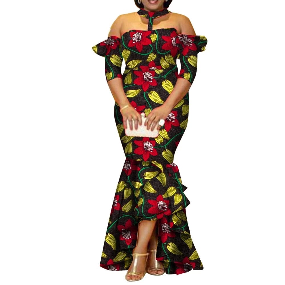 SHOWLU FASHION STORE African Dresses for Women Print Half Sleeve Long Dresses Vestidos Bazin African Ankara Party Dresses Women Clothing Wy3300