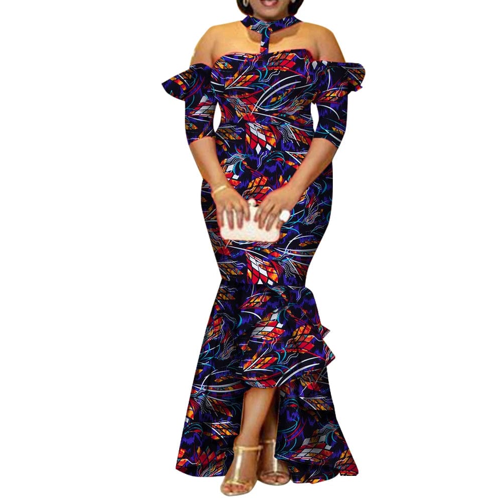 SHOWLU FASHION STORE African Dresses for Women Print Half Sleeve Long Dresses Vestidos Bazin African Ankara Party Dresses Women Clothing Wy3300