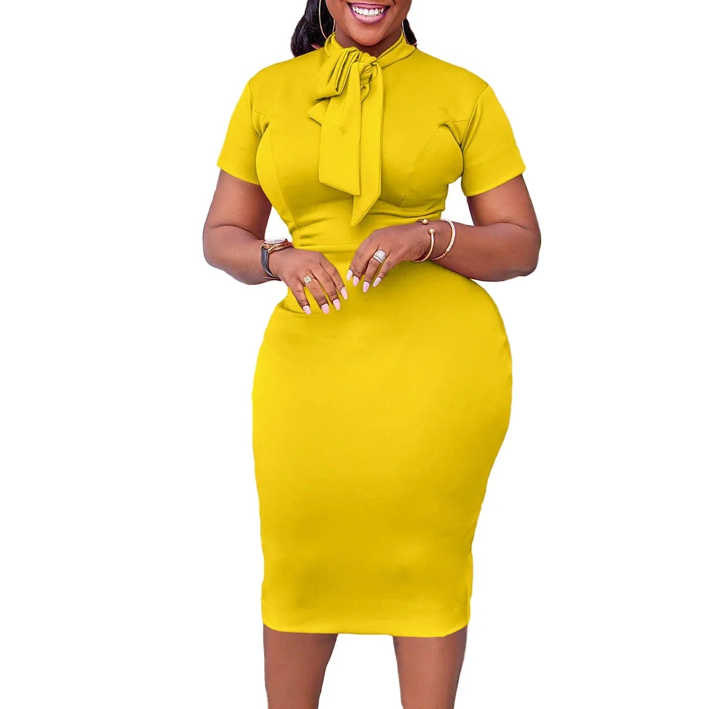 SHOWLU FASHION STORE African Dresses for Women Summer Elegant African Polyester Short Sleeve Polyester White Pink Yellow Blue Knee-length Dress S-3XL