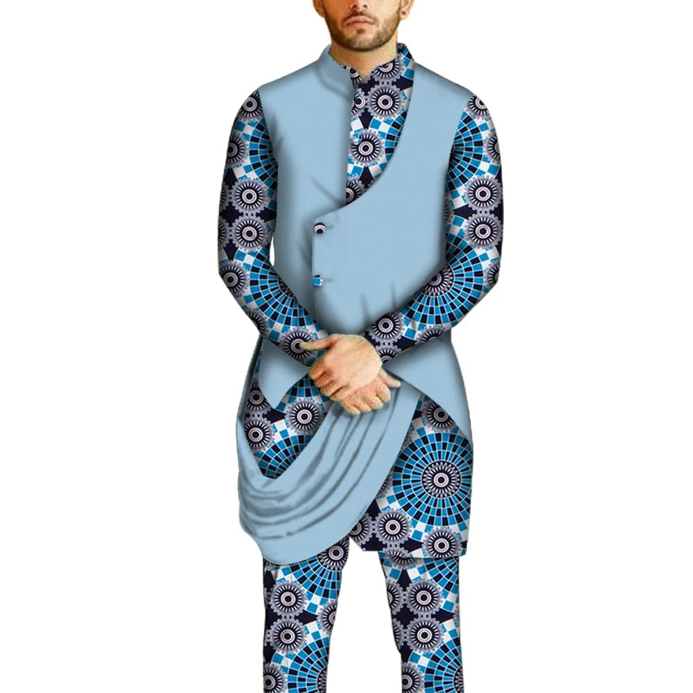 African men's dashiki set by SHOWLU FASHION with cotton long-sleeve shirt and matching pants, traditional African men's clothing.